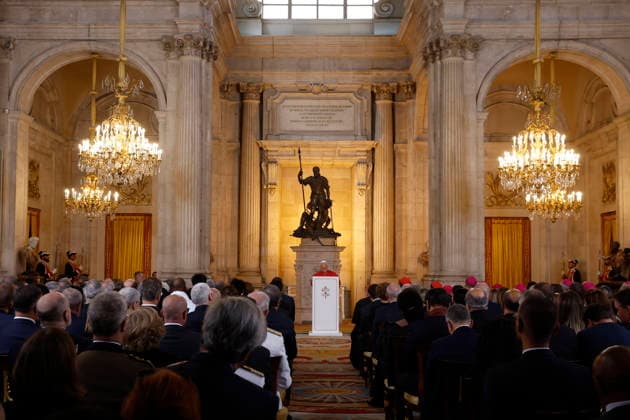 Pope Leo XIV delivers a speech at the Hall of Columns during the official welcoming event held at the Royal Palace in Madrid, Spain, 06 June 2026. Pope Leo XIV is undertaking an official six-day visit to Spain from 06 to 12 June 2026 covering Madrid, Barcelona, and the Canary Islands. Pope Leo XIV visits Spain !ACHTUNG: NUR REDAKTIONELLE NUTZUNG!  Copyright: xJJ.xGuillenx GRAF2144 20260606-55020517601_1