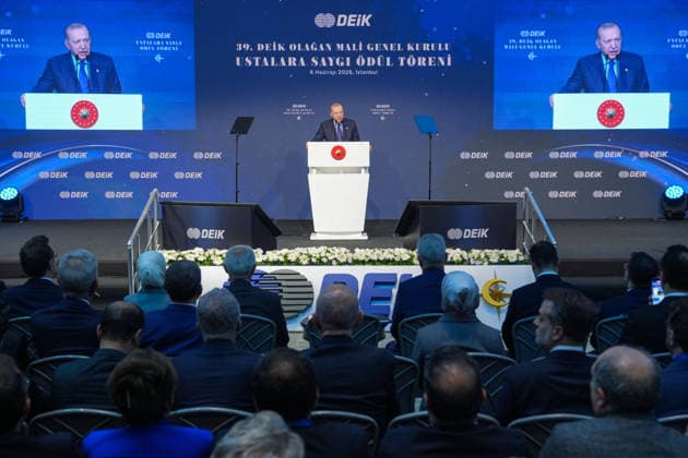 Turkish President Recep Tayyip Erdogan ISTANBUL, TURKIYE - JUNE 6: Turkish President Recep Tayyip Erdogan delivers a speech during the 39th Ordinary Financial General Assembly of the Foreign Economic Relations Board and Respect for Masters Award ceremony in Istanbul, Turkiye on June 6, 2026. Cemal Yurttas Anadolu Istanbul Turkey. Editorial use only. Please get in touch for any other usage.  Copyright: x2026xAnadoluxCemalxYurttasx
