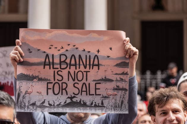 Protest held in Milan in defense of Albania’s Vjosa Delta lagoon MILAN, ITALY - JUNE 6: Hundreds of members of the Albanian community in northern Italy, along with environmental activists, take part in a protest in defense of the Pishe Poro-Narta lagoon and the protected area in the Vjosa River Delta in Albania, which is threatened by a luxury tourism project and aimed at protecting Albania’s natural heritage, in Milan, Italy, on June 6, 2026. The protests, which began in Albania in mid-May, have grown into one of the largest environmental mobilizations in recent years. Andrea Carrubba Anadolu Milan Italy. Editorial use only. Please get in touch for any other usage.  Copyright: x2026xAnadoluxAndreaxCarrubbax