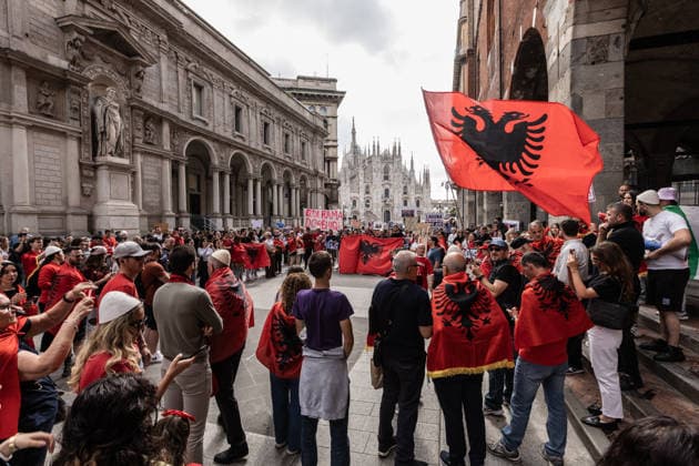 Protest held in Milan in defense of Albania’s Vjosa Delta lagoon MILAN, ITALY - JUNE 6: Hundreds of members of the Albanian community in northern Italy, along with environmental activists, take part in a protest in defense of the Pishe Poro-Narta lagoon and the protected area in the Vjosa River Delta in Albania, which is threatened by a luxury tourism project and aimed at protecting Albania’s natural heritage, in Milan, Italy, on June 6, 2026. The protests, which began in Albania in mid-May, have grown into one of the largest environmental mobilizations in recent years. Andrea Carrubba Anadolu Milan Italy. Editorial use only. Please get in touch for any other usage.  Copyright: x2026xAnadoluxAndreaxCarrubbax