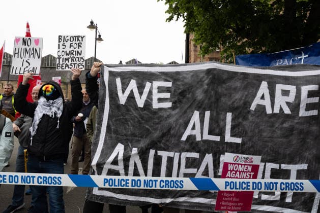 June 6, 2026, Perth, Scotland, UK: Anti-immigration protesters held a demonstration outside The Queens Hotel in Perth, while pro-immigration protesters aligned with Perth Against Racism staged a Reject Hate And Division counter-demonstration outside the Radisson Blu Hotel opposite. Both hotels are being used to house asylum seekers and have been the focus of similar protests in recent months. Perth UK  - ZUMAs357 20260606_zip_s357_001 Copyright: xCameronxScottx