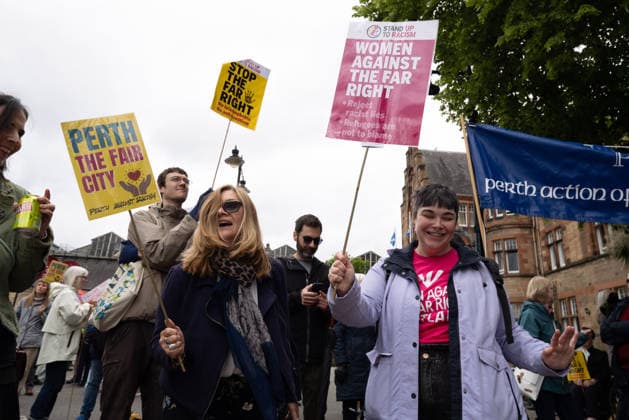 June 6, 2026, Perth, Scotland, UK: Anti-immigration protesters held a demonstration outside The Queens Hotel in Perth, while pro-immigration protesters aligned with Perth Against Racism staged a Reject Hate And Division counter-demonstration outside the Radisson Blu Hotel opposite. Both hotels are being used to house asylum seekers and have been the focus of similar protests in recent months. Perth UK  - ZUMAs357 20260606_zip_s357_015 Copyright: xCameronxScottx