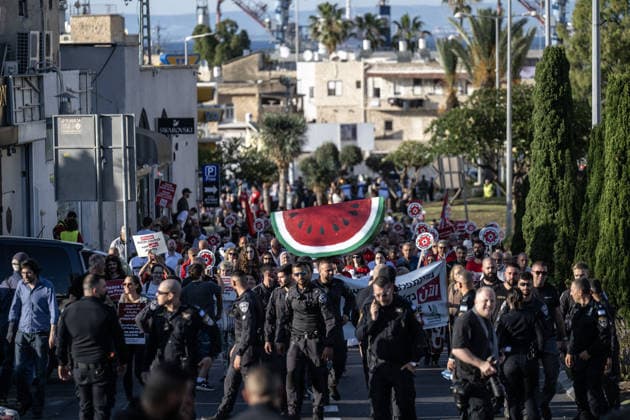 Protest in Haifa to mark the 59th anniversary of Naksa HAIFA, ISRAEL - JUNE 6: Hundreds of people gathered to mark the 59th anniversary of the Naksa, commemorating the aftermath of the 1967 Arab-Israeli War, when Israel occupied remaining Palestinian territories in Haifa, Israel on June 6, 2026. Demonstrators marched through city streets carrying placards, calling for an end to ongoing violence and policies in the region. Mostafa Alkharouf Anadolu Haifa Israel. Editorial use only. Please get in touch for any other usage.  Copyright: x2026xAnadoluxMostafaxAlkharoufx