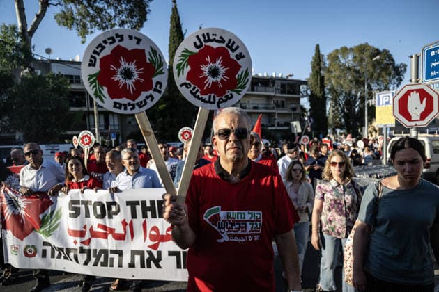 Protest in Haifa to mark the 59th anniversary of Naksa HAIFA, ISRAEL - JUNE 6: Hundreds of people gathered to mark the 59th anniversary of the Naksa, commemorating the aftermath of the 1967 Arab-Israeli War, when Israel occupied remaining Palestinian territories in Haifa, Israel on June 6, 2026. Demonstrators marched through city streets carrying placards, calling for an end to ongoing violence and policies in the region. Mostafa Alkharouf Anadolu Haifa Israel. Editorial use only. Please get in touch for any other usage.  Copyright: x2026xAnadoluxMostafaxAlkharoufx