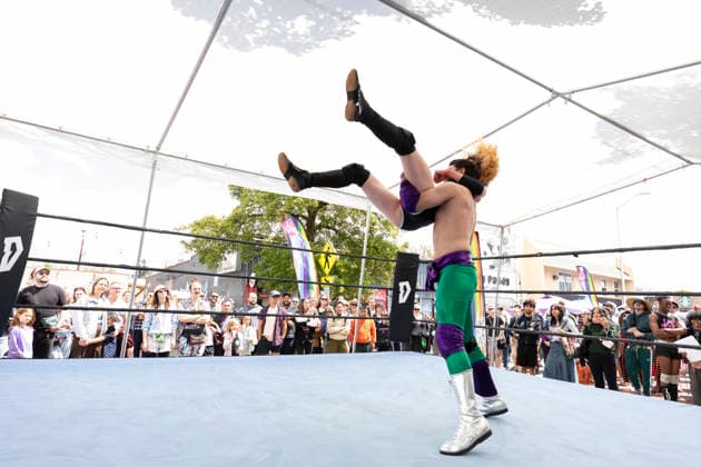 June 6, 2026, Seattle, Washington, USA: Wrestler SKYLER HOPE (red and black) spars with DOM MATELLO during the Pride Championship event at the White Center Pride festival in Seattle on Saturday, June 6, 2026. Seattle USA - ZUMAg235 20260606_zap_g235_004 Copyright: xPaulxChristianxGordonx