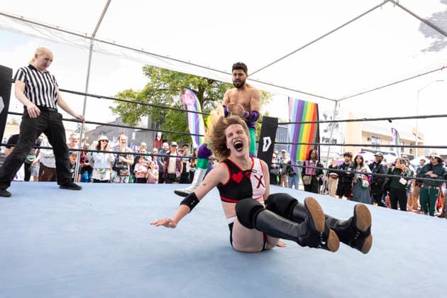 June 6, 2026, Seattle, Washington, USA: Wrestler SKYLER HOPE (red and black) spars with DOM MATELLO during the Pride Championship event at the White Center Pride festival in Seattle on Saturday, June 6, 2026. Seattle USA - ZUMAg235 20260606_zap_g235_005 Copyright: xPaulxChristianxGordonx