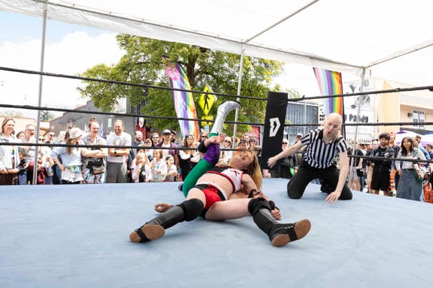 June 6, 2026, Seattle, Washington, USA: Wrestler SKYLER HOPE (red and black) spars with DOM MATELLO during the Pride Championship event at the White Center Pride festival in Seattle on Saturday, June 6, 2026. Seattle USA - ZUMAg235 20260606_zap_g235_006 Copyright: xPaulxChristianxGordonx