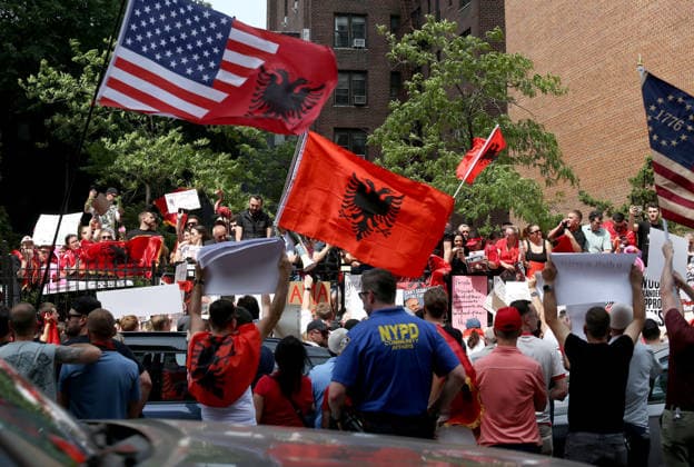 Protest in Support of Demonstrations in Albania in front of Albanian Embassy in New York City, USA. Protesters hold signs and Albanian national flags as they take part in a demonstration in front of the Albanian Consulate in New York, USA, on June 6, 2026. Protesters are supporting demonstrations in Albania opposing the construction of a luxury tourism complex project in the protected area of Narta Lagoon in the city of Vlore, linked to US President Donald Trump s son-in-law, Jared Kushner, and his wife, Ivanka Trump. The project was planned for two areas along the Adriatic coast, the protected delta area of Vjosa-Narta and the nearby uninhabited island of Sazan, once a secret communist military base. Light Studio Agency Dritan Haxhia New Copyright: xLightxStudioxAgencyx xDritanxHaxhiax