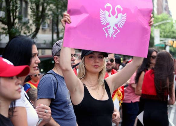Protest in Support of Demonstrations in Albania in front of Albanian Embassy in New York City, USA. Protesters hold signs and Albanian national flags as they take part in a demonstration in front of the Albanian Consulate in New York, USA, on June 6, 2026. Protesters are supporting demonstrations in Albania opposing the construction of a luxury tourism complex project in the protected area of Narta Lagoon in the city of Vlore, linked to US President Donald Trump s son-in-law, Jared Kushner, and his wife, Ivanka Trump. The project was planned for two areas along the Adriatic coast, the protected delta area of Vjosa-Narta and the nearby uninhabited island of Sazan, once a secret communist military base. Light Studio Agency Dritan Haxhia New Copyright: xLightxStudioxAgencyx xDritanxHaxhiax