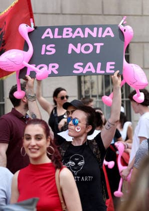 Protest in Support of Demonstrations in Albania in front of Albanian Embassy in New York City, USA. Protesters hold signs and Albanian national flags as they take part in a demonstration in front of the Albanian Consulate in New York, USA, on June 6, 2026. Protesters are supporting demonstrations in Albania opposing the construction of a luxury tourism complex project in the protected area of Narta Lagoon in the city of Vlore, linked to US President Donald Trump s son-in-law, Jared Kushner, and his wife, Ivanka Trump. The project was planned for two areas along the Adriatic coast, the protected delta area of Vjosa-Narta and the nearby uninhabited island of Sazan, once a secret communist military base. Light Studio Agency Dritan Haxhia New Copyright: xLightxStudioxAgencyx xDritanxHaxhiax
