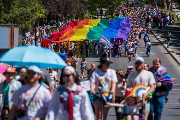 June 6, 2026, Salt Lake City, Utah, USA: Participants carry a large rainbow flag down the street during the Utah Pride Rally and March on June 6, 2026. Salt Lake City USA - ZUMAm292 20260606_znp_m292_003 Copyright: xCharlesxMcClintockxWilsonx