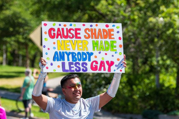June 6, 2026, Salt Lake City, Utah, USA: A participant holds up a sign reading Cause Shade Never Made Anybody Less Gay during the Utah Pride Rally and March. Salt Lake City USA - ZUMAm292 20260606_znp_m292_005 Copyright: xCharlesxMcClintockxWilsonx
