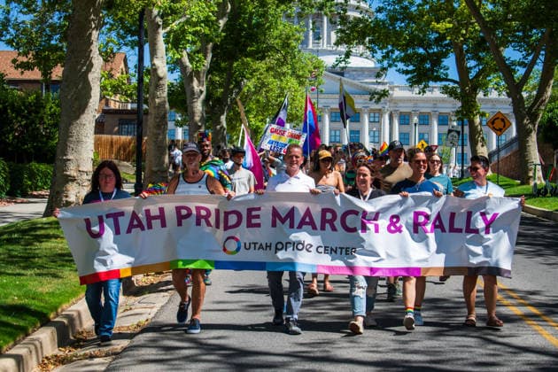 June 6, 2026, Salt Lake City, Utah, USA: Participants carry a banner reading Utah Pride March & Rally down the street during the Utah Pride Rally and March on June 6, 2026. Salt Lake City USA - ZUMAm292 20260606_znp_m292_009 Copyright: xCharlesxMcClintockxWilsonx