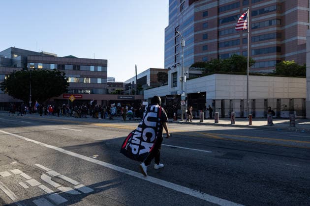 LOS ANGELES, CA - JUNE 06: Protesters rally outside a federal detention center during an anti-ICE protest on June 6, 2026 in Los Angeles, California.  Copyright: xVCGx 111646651196