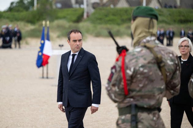 Sebastien Lecornu At D-Day Commemoration - Normandy Sebastien Lecornu, French Prime Minister, attends the ceremony at the school of naval fusiliers and marine commandos during the commemorations of the June 6, 1944 Normandy Landings in Ouistreham, France on June 6, 2026. Photo by Gregoire Campione Pool ABACAPRESS.COM France  Copyright: xCampionexGregoire ABACAx