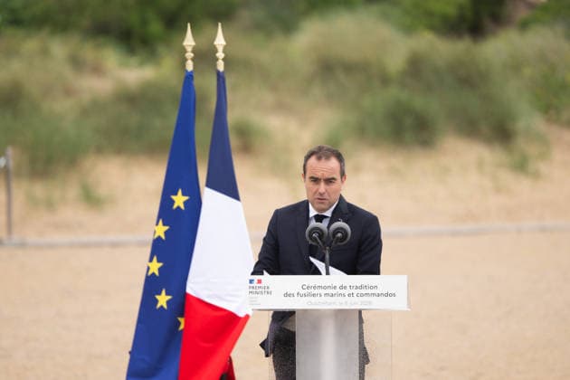 Sebastien Lecornu At D-Day Commemoration - Normandy Sebastien Lecornu, French Prime Minister, attends the ceremony at the school of naval fusiliers and marine commandos during the commemorations of the June 6, 1944 Normandy Landings in Ouistreham, France on June 6, 2026. Photo by Gregoire Campione Pool ABACAPRESS.COM France  Copyright: xCampionexGregoire ABACAx