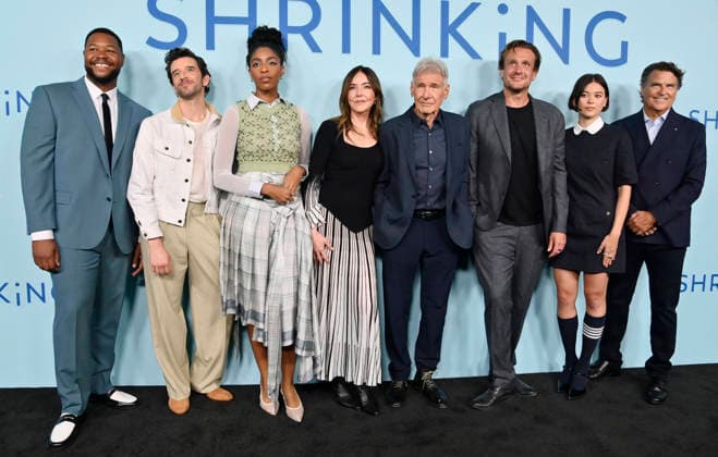 (L-R) Cast members Luke Tennie, Michael Urie, Jessica Williams, Christa Miller, Harrison Ford, Jason Segel, Lukita Maxwell and Ted McGinley attend Apple TV s dramatic comedy series Shrinking Emmy FYC Event screening at the DGA Theatre Complex on Saturday, June 6, 2026. Storyline: A grieving therapist starts to tell his clients exactly what he thinks. Ignoring his training and ethics, he finds himself making huge changes to people s lives - including his own.  LAP2026060673 JIMxRUYMEN