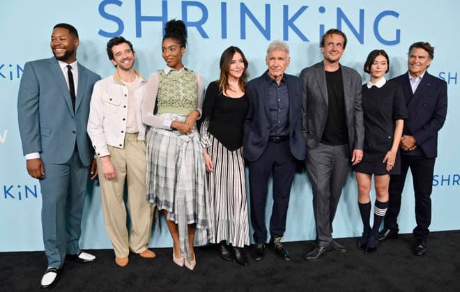 (L-R) Cast members Luke Tennie, Michael Urie, Jessica Williams, Christa Miller, Harrison Ford, Jason Segel, Lukita Maxwell and Ted McGinley attend Apple TV s dramatic comedy series Shrinking Emmy FYC Event screening at the DGA Theatre Complex on Saturday, June 6, 2026. Storyline: A grieving therapist starts to tell his clients exactly what he thinks. Ignoring his training and ethics, he finds himself making huge changes to people s lives - including his own.  LAP2026060672 JIMxRUYMEN