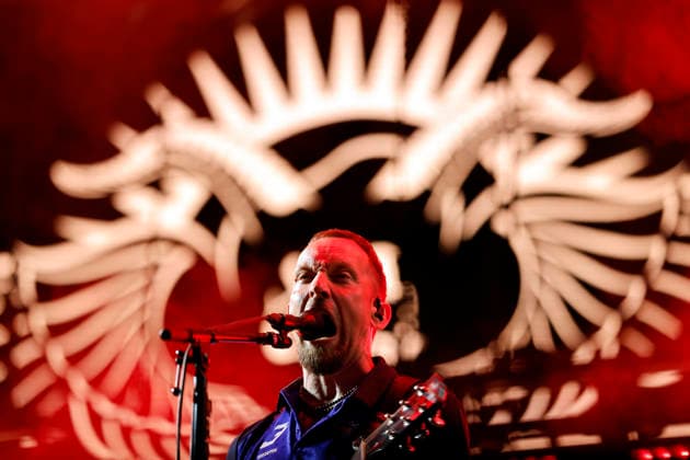 Sänger Michael Poulsen von der Band Volbeat bei Rock am Ring (RaR) 2026. Rock am Ring ist ein von Marek Lieberberg gegründetes Musikfestival, das traditionell auf dem Nürburgring in der Nähe der Stadt Adenau in der Eifel stattfindet. Es gilt als das traditionsreichste Rockfestival Deutschlands. Nürburg, 06.06.2026 Rheinland-Pfalz Deutschland *** Singer Michael Poulsen from the band Volbeat at Rock am Ring RaR 2026 Rock am Ring is a music festival founded by Marek Lieberberg, which traditionally takes place at the Nürburgring near the town of Adenau in the Eifel region It is considered the most traditional rock festival in Germany Nürburg, 06 06 2026 Rhineland-Palatinate Germany Copyright: xChristophxHardtx