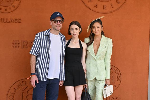 2026 French Open - Lily Collins At The Village Charlie McDowell, Lily Collins and Ashley Park posing at the village during Day Fifteen of the 2026 French Open on June 07, 2026 in Paris, France. Photo by Laurent Zabulon ABACAPRESS.COM Paris France  Copyright: xZabulonxLaurent ABACAx