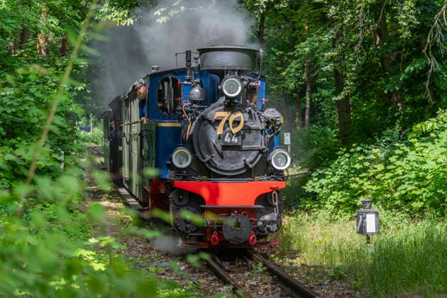 Am Jubiläumswochenende am 6. und 7. Juni 2026 feiert die Parkeisenbahn im Volkspark Wuhlheide in Berlin-Köpenick ihren 70. Geburtstag. Auf der Strecke verkehren gleich vier Züge, gezogen von historischen Dampflokomotiven und Diesellokomotiven. Auf dem Foto ein von einer historischen Dampflok gezogener Zug. *** On the anniversary weekend on June 6 and 7, 2026, the park railroad in Volkspark Wuhlheide in Berlin Köpenick will celebrate its 70th birthday Four trains will run on the route, pulled by historic steam locomotives and diesel locomotives The photo shows a train pulled by a historic steam locomotive