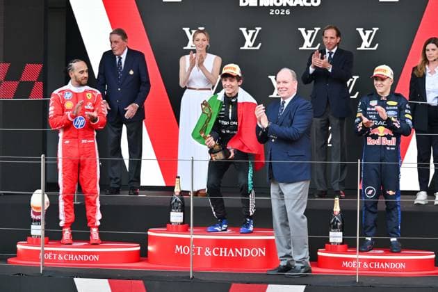 IPA85445439 - Monte Carlo, Formula 1 Monaco Grand Prix , Awards Ceremony In the photo: Andrea Kimi Antonelli , Lewis Hamilton, Isack Hadjar , Albert II of Monaco  Copyright: xManuelexMangiarottix xManuelexMangiarottix 85445439