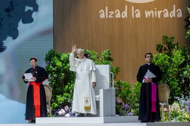 Pope Leo XIV presides over the meeting Weaving networks with the world of culture, education, business and sport in Madrid Pope Leo XIV arrives at the meeting Weaving networks with the world of culture, education, business and sport , at the Movistar Arena, on June 6, 2026, in Madrid Spain The meeting entitled Weaving networks with the world of culture, education, business and sport brings together representatives from different fields to reflect on their contribution to society The event includes interventions and a space for dialogue around collaboration between civil institutions and the Church, education, business and sports brings together representatives from different fields to reflect on their contribution to society The event incl  Copyright: xRicardoxRubiox 7579273