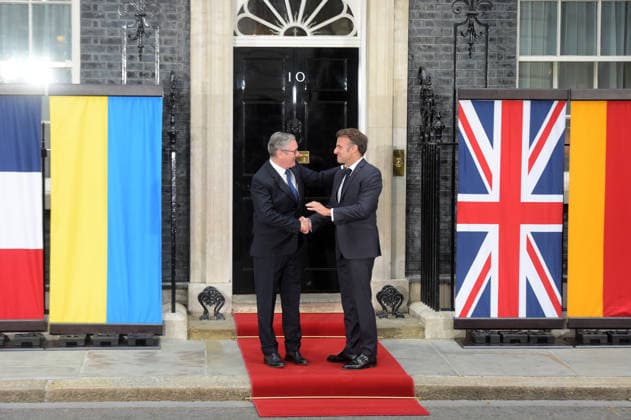 Politicians in London Emmanuel Macron President of France meets with Keir Starmer for a meeting to discuss ongoing support and solidarity for Ukraine London Westminster UK Copyright: xMartinxDaltonx Politicians_London_070626_MD_009