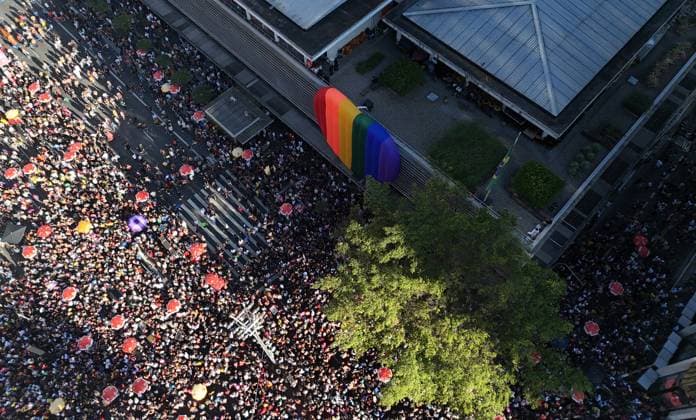 RECORD DATE NOT STATED Aerial view of the LGBT+ pride parade on Paulista Avenue. Sao Paulo (SP), 07 06 2026 Cities Sao Paulo LGBT+ Pride Parade Aerial view shows the movement of the public during the Sao Paulo LGBT+ Pride Parade, held on Avenida Paulista and the central region of the Sao Paulo capital, this Sunday (7).(Foto: Leco Viana Thenews2 imago images) Aerial view of the LGBT+ pride parade on Paulista Avenue.  Copyright: xLecoxVianax