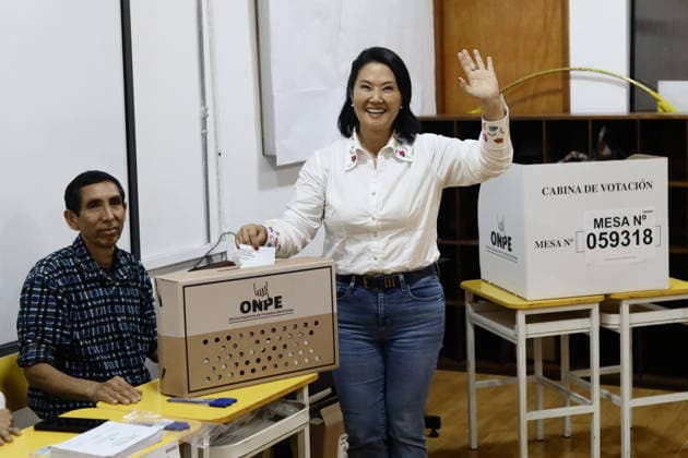Second round of the Presidential Elections in Lima, Peru LIMA, PERU - JUNE 07: Keiko Fujimori, the presidential candidate for the Popular Force (Fuerza Popular) party, waves as she drops her ballot into the box during the second round of the presidential elections in Lima, Peru on June 07, 2026. Klebher Vasquez Anadolu Lima Peru. Editorial use only. Please get in touch for any other usage.  Copyright: x2026xAnadoluxKlebherxVasquezx