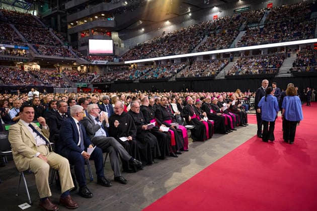 Pope Leo XIV presides over the meeting Weaving networks with the world of culture, education, business and sport in Madrid Weaving networks with the world of culture, education, business and sport , at the Movistar Arena, on June 6, 2026, in Madrid Spain The meeting entitled Weaving networks with the world of culture, education, business and sport brings together representatives from different fields to reflect on their contribution to society, The event includes speeches and a space for dialogue on collaboration between civil institutions and the Church 07 JUNE 2026 POPE LEON XIV WEVING NETWORKS JOSÉ COBO RELIGION VISIT MADRID VATICAN VATICAN CITY EDUCATION CULTURE BUSINESS SPORTS MOVISTAR ARENA CHURCH CATHOLICISM LOOKING UP INSTITUTIONS  Copyright: xJesusxHellin EuropaxPress Poolx 7579469