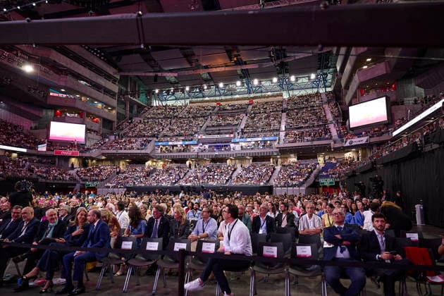 Pope Leo XIV presides over the meeting Weaving networks with the world of culture, education, business and sport in Madrid Weaving networks with the world of culture, education, business and sport , at the Movistar Arena, on June 6, 2026, in Madrid Spain The meeting entitled Weaving networks with the world of culture, education, business and sport brings together representatives from different fields to reflect on their contribution to society, The event includes speeches and a space for dialogue on collaboration between civil institutions and the Church 07 JUNE 2026 POPE LEON XIV WEVING NETWORKS JOSÉ COBO RELIGION VISIT MADRID VATICAN VATICAN CITY EDUCATION CULTURE BUSINESS SPORTS MOVISTAR ARENA CHURCH CATHOLICISM LOOKING UP INSTITUTIONS  Copyright: xJesusxHellin EuropaxPress Poolx 7579478