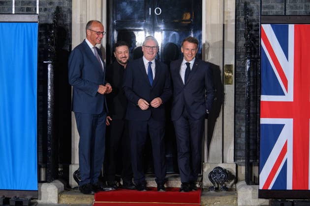 Quad-lateral Meeting On Ukraine at Downing Street, London, UK - 07 June 2026 (L-R) - German Chancellor Frederich Merz, Ukrainian President Volodymyr Zelenskyy, French British Prime Minister Sir Keir Starmer and President Emmanuel Macron pose forr a photo in Downing Street, London, England, UK on Sunday 7 June, 2026., Credit:Justin Ng Avalon UK, England, London, Downing Street  Copyright: xJustinxNgx xAvalonx 1108706562