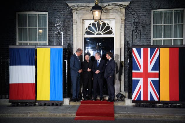 Quad-lateral Meeting On Ukraine at Downing Street, London, UK - 07 June 2026 (L-R) - German Chancellor Frederich Merz, Ukrainian President Volodymyr Zelenskyy, French British Prime Minister Sir Keir Starmer and President Emmanuel Macron pose forr a photo in Downing Street, London, England, UK on Sunday 7 June, 2026., Credit:Justin Ng Avalon UK, England, London, Downing Street  Copyright: xJustinxNgx xAvalonx 1108706594