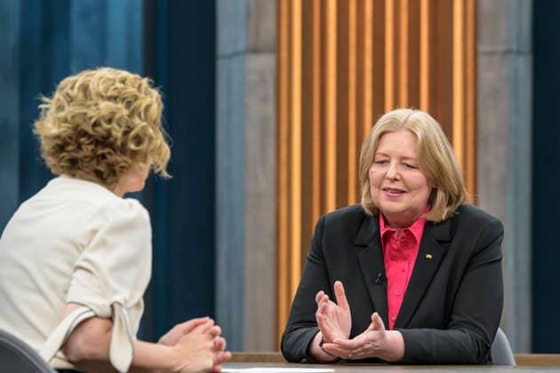 im Bild v.l.: Caren Miosga, Bärbel Bas (SPD), Parteivorsitzende, Bundesministerin für Arbeit und Soziales GER, Berlin, Studio, zu Gast bei - Caren Miosga, Polittalk, TV, Format, Aufzeichnung, Live, Das Erste, aus Adlershof - am Studio 20, Thema: Ist die SPD bereit für große Reformen, Frau Bas?, 07.06.2026, *** in the picture from l Caren Miosga, Bärbel Bas SPD , Party Chairwoman, Federal Minister of Labor and Social Affairs GER, Berlin, Studio, guest of Caren Miosga, Polittalk, TV, format, recording, Live, Das Erste, from Adlershof at Studio 20, topic Is the SPD ready for major reforms, Ms. Bas , 07 06 2026, Copyright: HMBxMedia UwexKoch