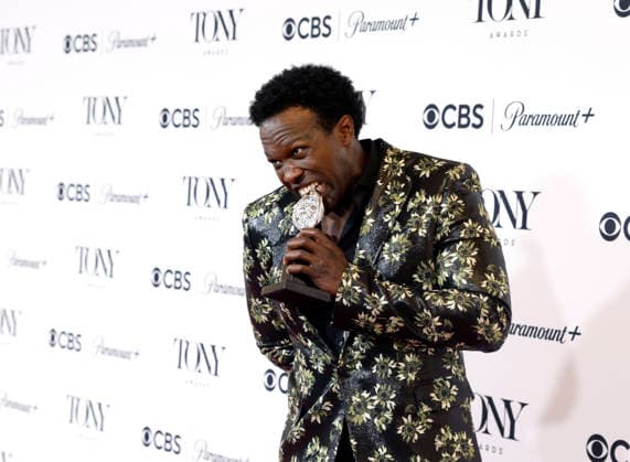 Joshua Henry poses with the Best Performance by an Actor in a Leading Role in a Musical award for Ragtime backstage at The 79th Annual Tony Awards at Radio City Music Hall on Sunday, June 7, 2026 in New York City.  NYP20260607334 JohnxAngelillo