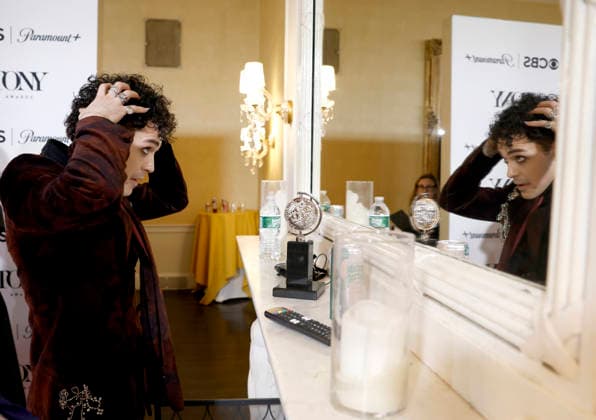 Ali Louis Bourzgui adjusts his hair backstage at The 79th Annual Tony Awards at Radio City Music Hall on Sunday, June 7, 2026 in New York City.  NYP20260607341 JohnxAngelillo