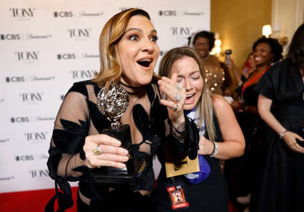 Shoshana Bean reacts to the program on TV backstage at The 79th Annual Tony Awards at Radio City Music Hall on Sunday, June 7, 2026 in New York City.  NYP20260607284 JohnxAngelillo