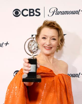 Lesley Manville poses with the Best Performance by an Actress in a Leading Role in a Play award for Oedipus backstage at The 79th Annual Tony Awards at Radio City Music Hall on Sunday, June 7, 2026 in New York City.  NYP20260607285 JohnxAngelillo
