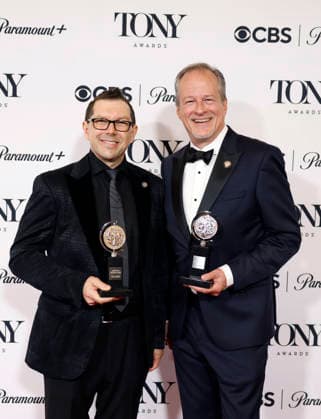Doug Besterman and Mike Morris pose with the Best Orchestrations award for Schmigadoon! backstage at The 79th Annual Tony Awards at Radio City Music Hall on Sunday, June 7, 2026 in New York City.  NYP20260607294 JohnxAngelillo