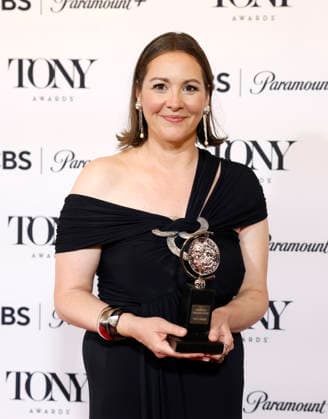 Chloe Lamford poses with the Best Scenic Design of a Play award for Arthur Miller s Death of a Salesman backstage at The 79th Annual Tony Awards at Radio City Music Hall on Sunday, June 7, 2026 in New York City.  NYP20260607296 JohnxAngelillo