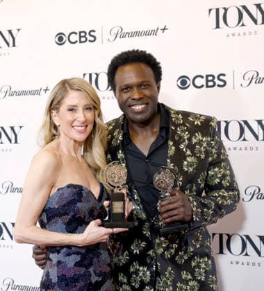 Caissie Levy, winner of the Best Performance by an Actress in a Leading Role in a Musical award for Ragtime , and Joshua Henry, winner of the Best Performance by an Actor in a Leading Role in a Musical for Ragtime pose backstage at The 79th Annual Tony Awards at Radio City Music Hall on Sunday, June 7, 2026 in New York City.  NYP20260607338 JohnxAngelillo