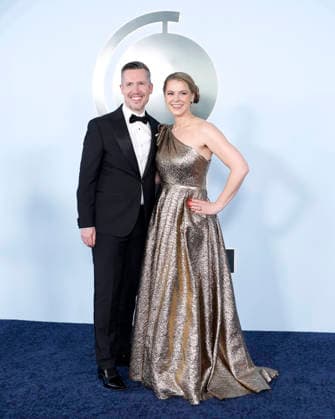Adam Fisher and guest arrive on the red carpet at The 79th Annual Tony Awards at Radio City Music Hall on Sunday, June 7, 2026 in New York City.  NYP20260607367 JohnxAngelillo