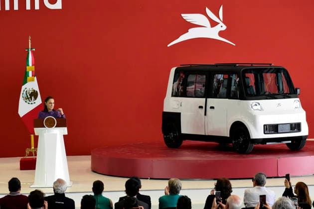 MexicoÃ¢â‚¬â ¢s President Claudia Sheinbaum Pardo speaks during the presentation of the Mexican electric car prototype Olinia 1 at the Santa Lucia Military Base. on June 7, 2026 in Zumpango, Mexico. Mexico City Mexico - ZUMAe321 20260607_zia_e321_013 Copyright: xLuisxBarronx