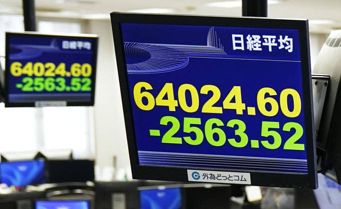Nikkei ends over 2,500 points lower Financial data screens at a foreign exchange trading company in Tokyo show the 225-issue Nikkei Stock Average ending over 2,500 points lower on June 8, 2026, after briefly tumbling over 3,100 points.  A14AA0005618065P