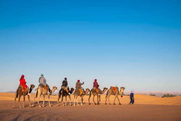 group of friends enjoying a camel ride in the Sahara Merzouga, Drâa-Tafilalet, Morocco CR_THHE260606A-2019256-01 ,model released, Symbolfoto