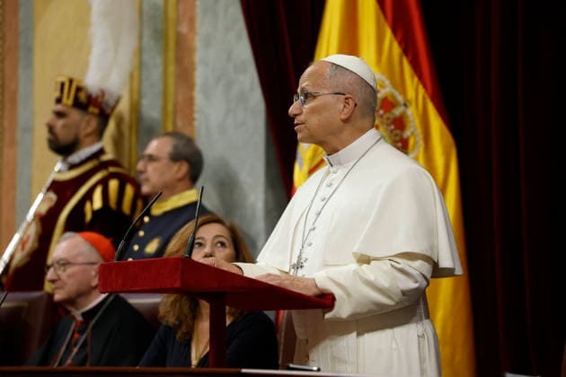 Pope Leo XIV delivers a speech at the Lower House in Madrid, Spain, 08 June 2026, as part of his week long visit to Spain. Pope visits Spanish Lower House !ACHTUNG: NUR REDAKTIONELLE NUTZUNG!  Copyright: xJ.J.Guillenx GRAF4161 20260608-55020532680_1