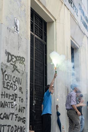 IPA85483616 - Milan, 8 6 26, Liceo Parini, last day of school, boys celebrate with foam, flour and water guns and smoke bombs.  Copyright: xGiuliaxSciaccax xGiuliaxSciaccax 85483616