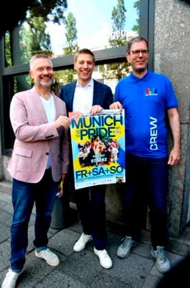 Bernd Mueller Stadtrat Rosa Liste Schirmherr CSD, Oberbuegermeister Muenchen Dominik Krause Alex Kluge, Geschaeftsfuehrer des CSD Muenchen 08.06.2026 CSD-PRESSEKONFERENZ CafÃ Regenbogen zur Aidshilfe zur neuen PrideMeile in der Ludwigstraße, den Buehnenprogrammen und unseren politischen Forderungen in Zeiten zunehmender Queer-Feindlichkeit. Foto Muenchen *** Bernd Mueller City Councillor Rosa Liste Patron CSD, Mayor of Munich Dominik Krause Alex Kluge, Managing Director of CSD Munich 08 06 2026 CSD PRESS CONFERENCE CafÃ Regenbogen on Aidshilfe on the new Pride Mile in Ludwigstraße, the stage programs and our political demands in times of increasing queer hostility Photo Munich