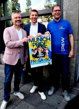 Bernd Mueller Stadtrat Rosa Liste Schirmherr CSD, Oberbuegermeister Muenchen Dominik Krause Alex Kluge, Geschaeftsfuehrer des CSD Muenchen 08.06.2026 CSD-PRESSEKONFERENZ CafÃ Regenbogen zur Aidshilfe zur neuen PrideMeile in der Ludwigstraße, den Buehnenprogrammen und unseren politischen Forderungen in Zeiten zunehmender Queer-Feindlichkeit. Foto Muenchen *** Bernd Mueller City Councillor Rosa Liste Patron CSD, Mayor of Munich Dominik Krause Alex Kluge, Managing Director of CSD Munich 08 06 2026 CSD PRESS CONFERENCE CafÃ Regenbogen on Aidshilfe on the new Pride Mile in Ludwigstraße, the stage programs and our political demands in times of increasing queer hostility Photo Munich